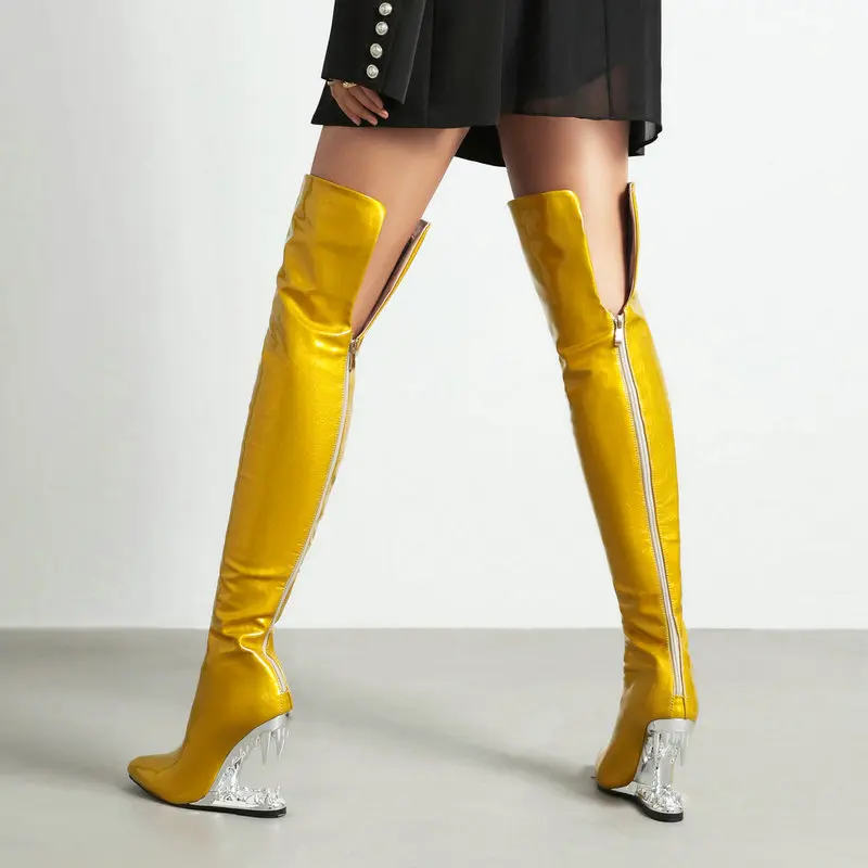 Tiger Teeth Shark Mouth Tooth Hallow Heels Women Overknees Wide Calves Silver Yellow Over-the-knee Luxury Women Thigh Long Boots