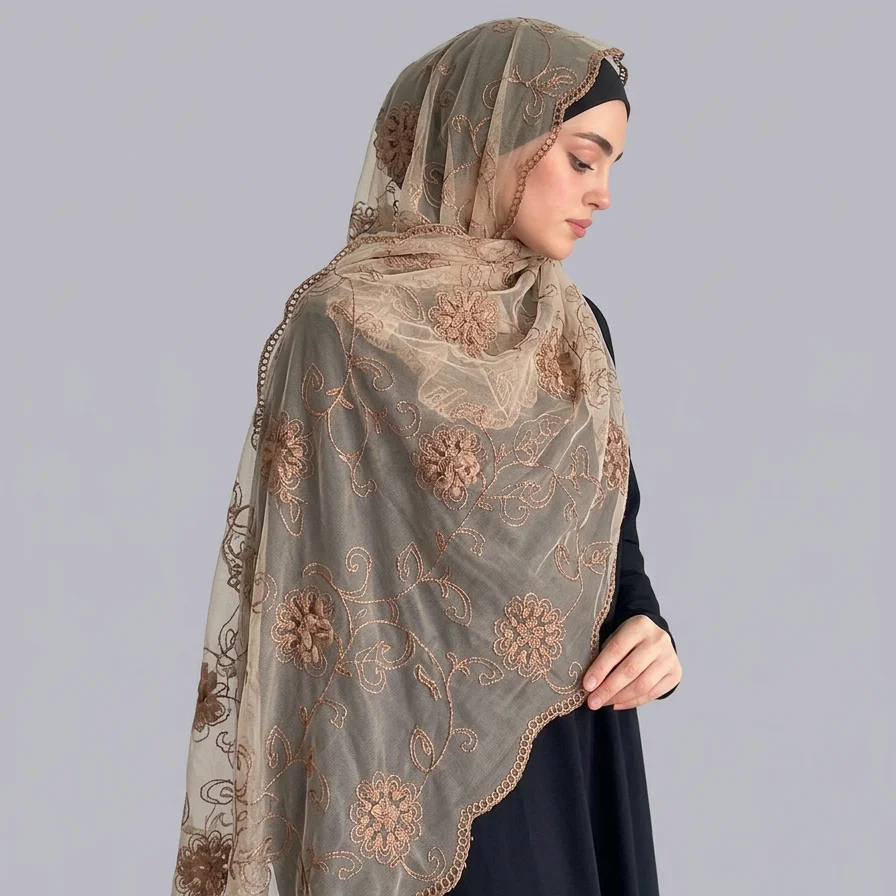 

New Embroidered Long Shawls Hijab Lace Headscarf Flower Elegant Wave Edge Pattern Breathable Retro Scarf Versatile Head Wraps