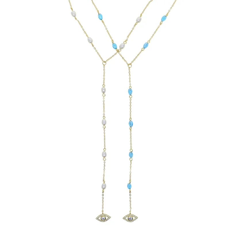 Blue White Pearl Beaded Chain Fashion Women Jewelry Gold Plated Long Y Lariat Lucky Turkish Evil Eye Charm Necklace