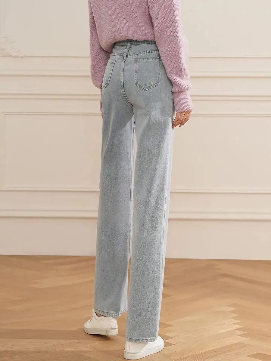 LOUIS YAO Women Jeans 2024 Spring Light Color Washed Denim Pants Loose Fit Straight Leg Pants Fashionable Long Trousers