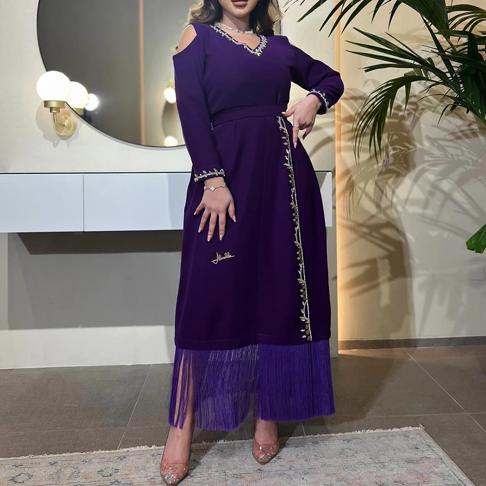 

Customized Delicate A-Line Ankle Length V-Neck Jersey Long Sleeves Crystal Evening Dress Classic Photo Color vestidos para mujer