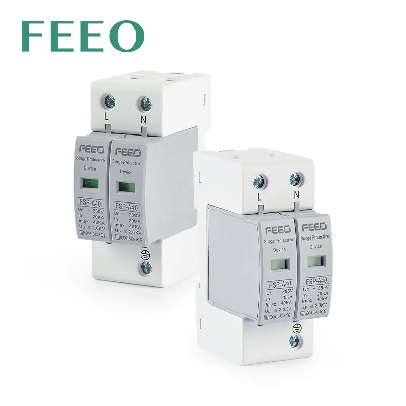 FEEO 2P Din Rail Solar PV Low Voltage 230V 275V 20KA-40KA Surge Arrester Device Lightning Protection AC SPD Lightning Protector