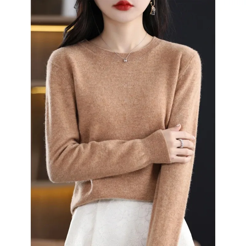 Autumn Winter Women Female O-Neck Knitted Pullover 100% Merino Wool Sweater Soft Solid Comfortable Basic Clothing Tops N209