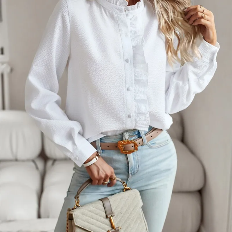 Mode Ruches Streep Shirt Dames Lange Mouw Elegant Kantoor Wit Tops Herfst Chic Causaal Eenvoudige Stijl Shirts & Blouses Dames
