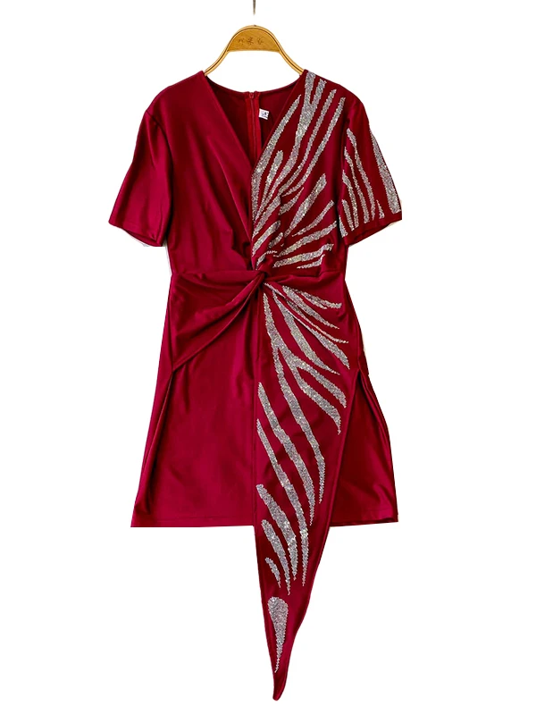 Ele Sexy V-Ne Dr Dames Zomer Taille Cinching Afslankende rok met strass Asymmetrische Hoge Taille A-lijn...