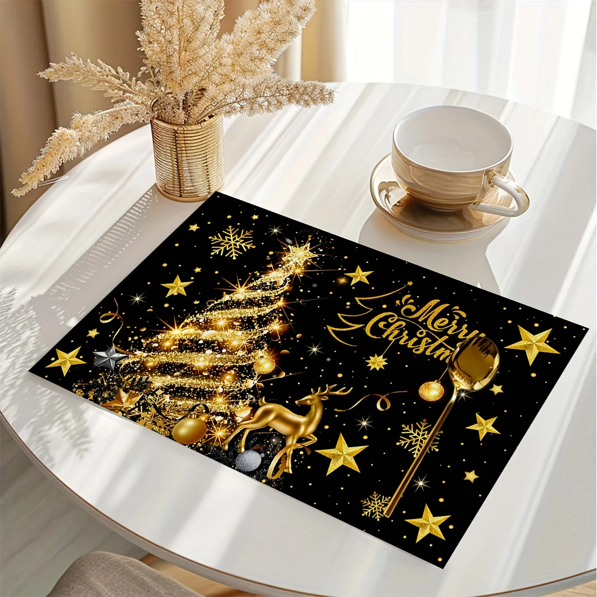 Classic Red Yellow Plaid Border With Golden Sparkling Snowflakes Linen Placemat For Christmas Dinner Table Home Decoration