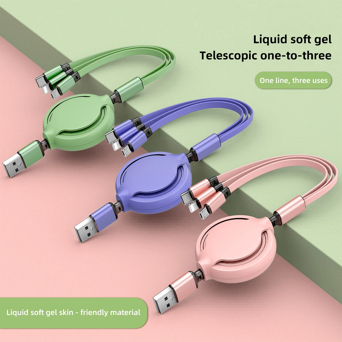 

3 In 1 Telescopic USB Interface Fast Charging Data Cable Mobile Phone Charging Accessories Liquid Silicone for Samsung iPhone