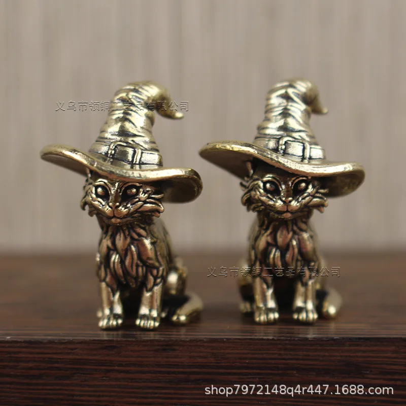 Pure Brass Wizard Kitten Desktop Miniature Ornament Accessories Magic Creative Cat Action Figures Artware Decor Metal Figurine