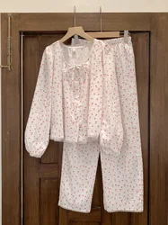 bow cherry print autumn pajamas set women cotton sweet nightwear kawaii sleepwear soft home suit loose casual jacquard lace