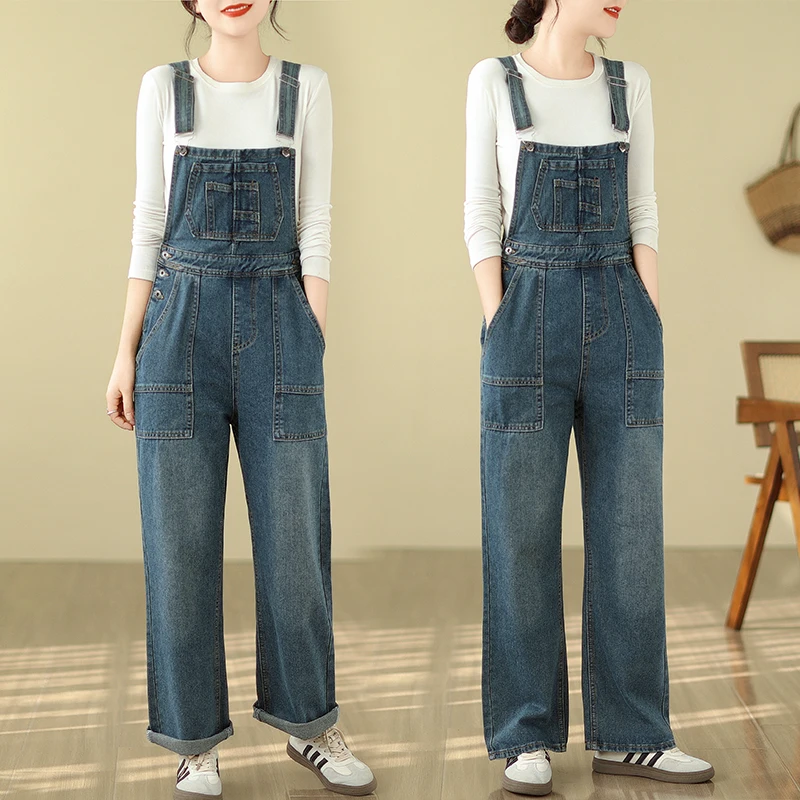 

6002 Spring Casual Loose Jeans Romper And Jumpsuit For Women Vintage Streetwear Wide Leg Cargo Pants Suspenders Denim Overalls