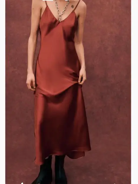 Spring Summer 2025 New Arrival Women's Commute High-End Silk Satin Bal V-Ne Dr Korean Sle Long Skirt without Sve