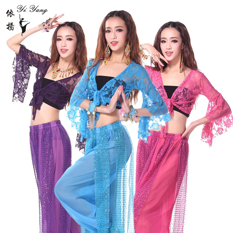 New Belly Dance Top Flared Sleeve Practice Shawl Lace Up Lace Long Sleeve