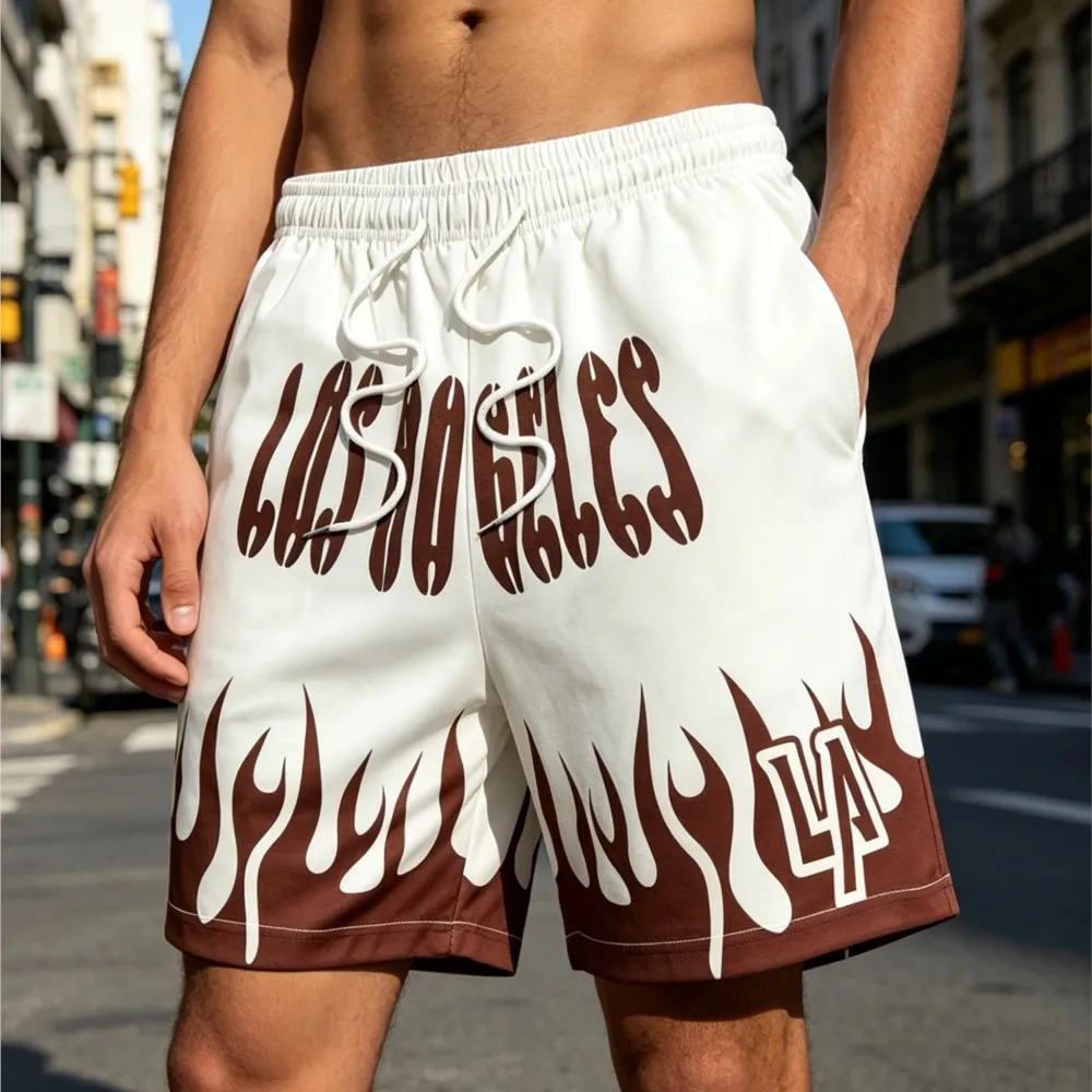 Men's Flame Print Los Angeles Shorts Elastic Waist Drawstring Casual Streetwear Shorts Breathable Mesh Sports Basketball Shorts