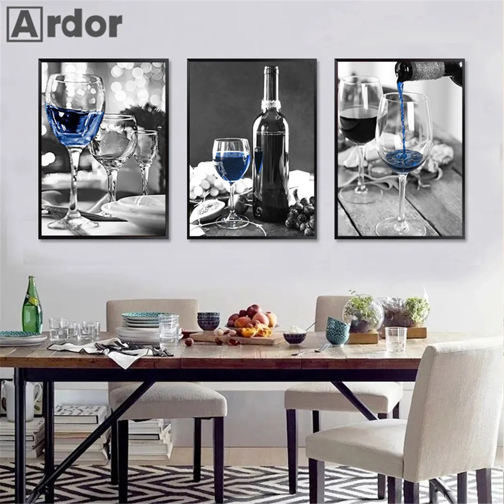 Romantic Blue Wine Glass Wall Art Canvas Painting Black And White Posters Prints Modern Art Nordic Wall Pictures Kitchen Decor