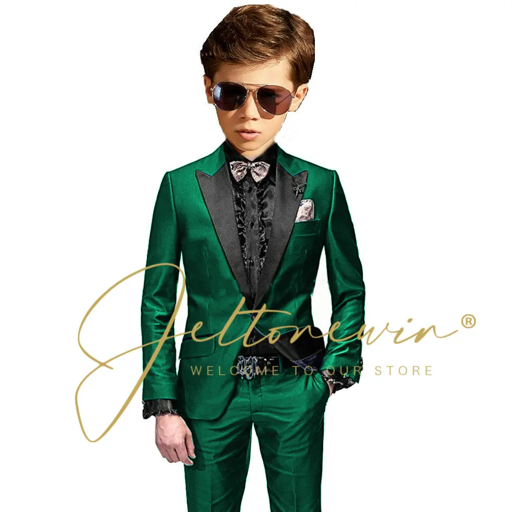 Green Satin Suit For Boys Wedding Tuxedos Jacket Pants 2 Pieces Single Breasted Kids Child Clothes Party Suits