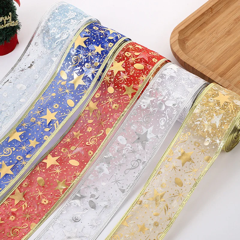 2 yards Double-layered Christmas Decorative Ribbon with Musical Notes Gold Thread Embellished, Christmas Tree Trim