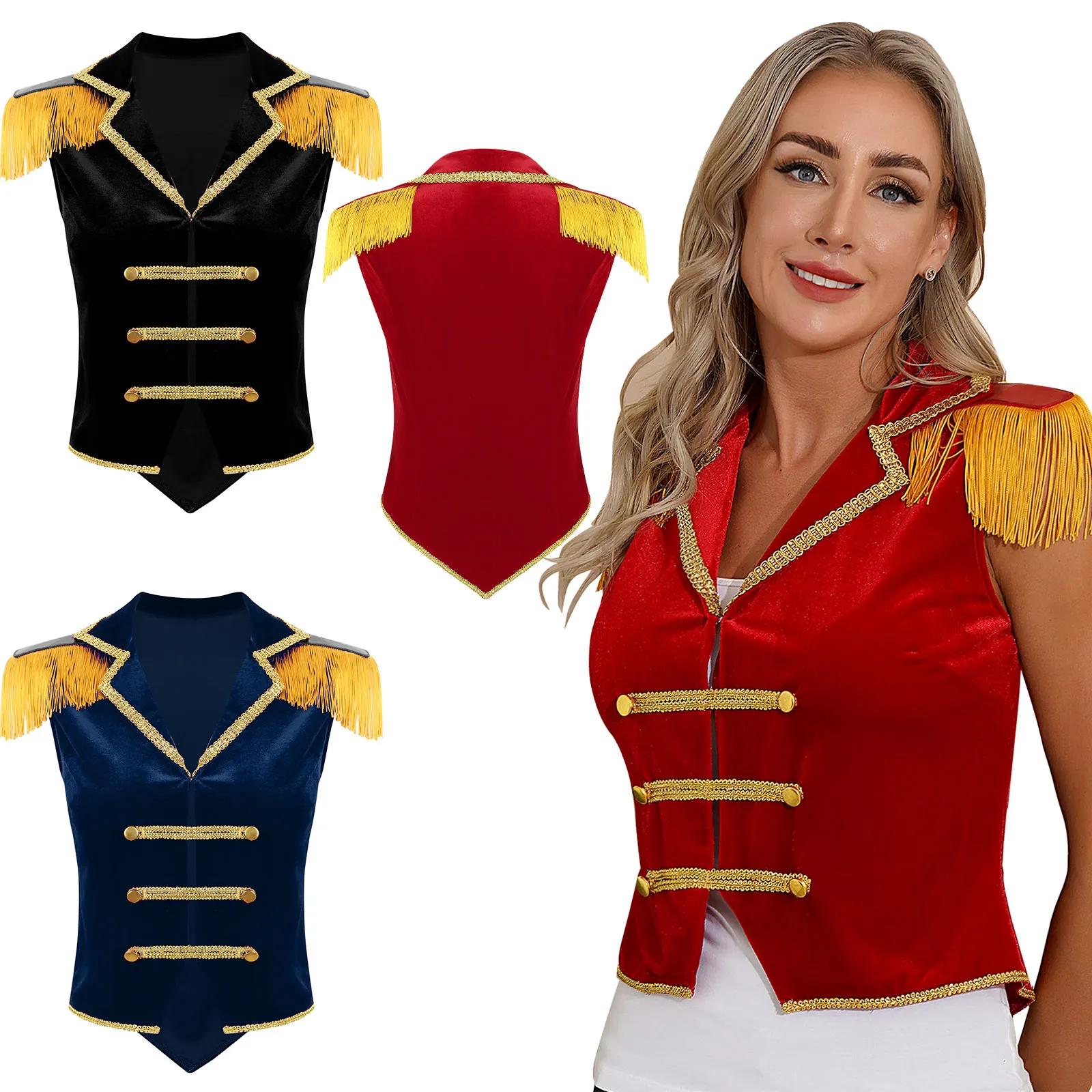 Womens Circus Ringmaster Costume Cosplay frangia nappa spalla velluto gilet Halloween Rave Party gioco di ruolo canotte