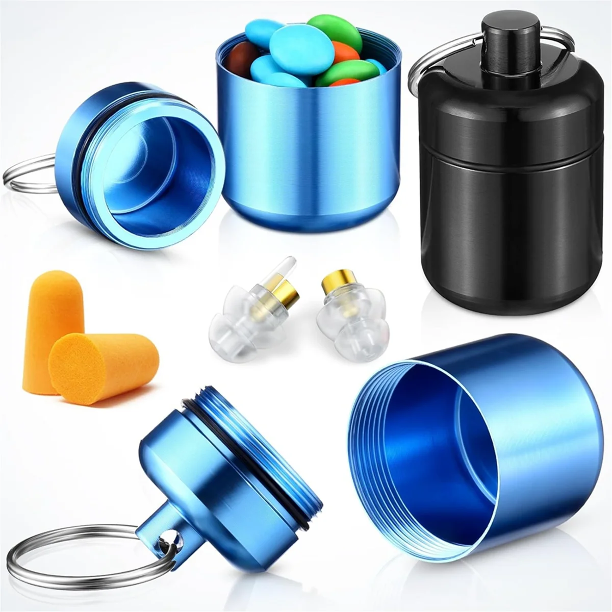 4 Pack Ear Plug Carrying Case Keychain, Portable Keychain Pill Holder Case, Waterproof Metal Earplug Case Pill Container