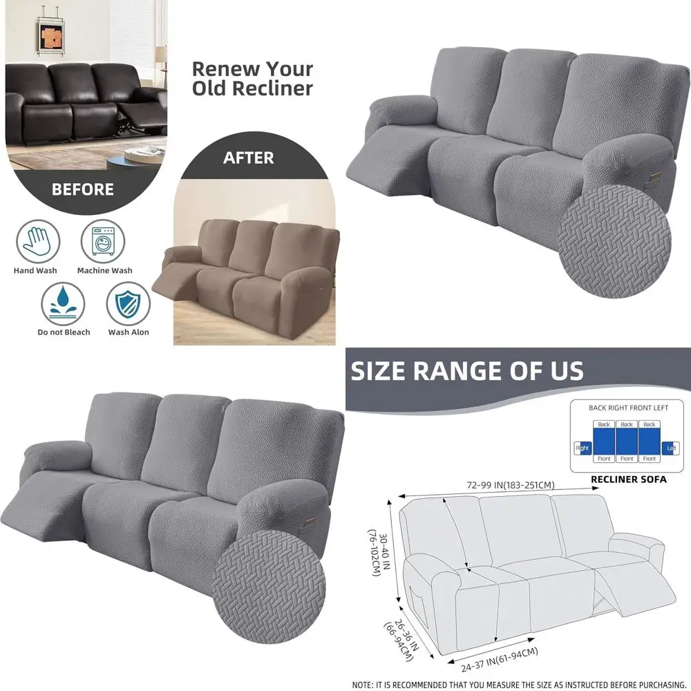 

Эластичные чехлы для дивана с полосками - чехлы для 3-местного кресла-реклайнера для защиты мебели и безопасности домашних животных (светло-серый)