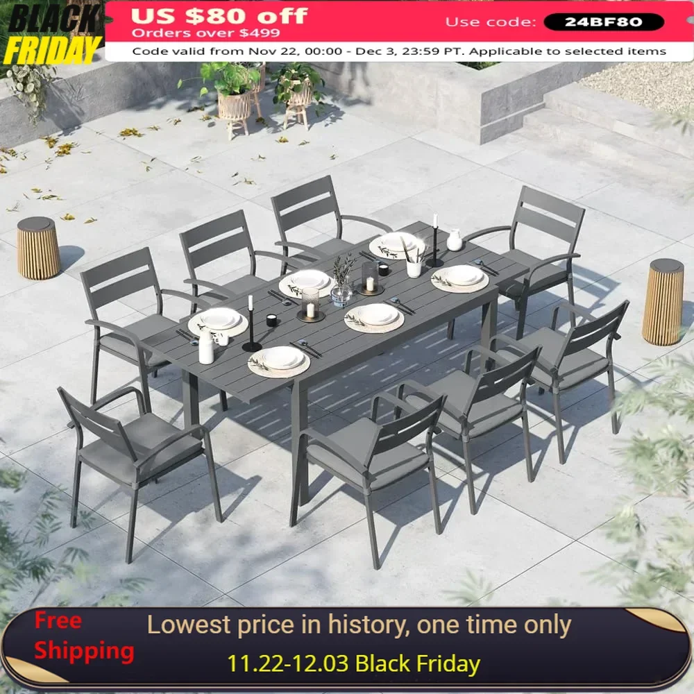 

9-Piece Outdoor Patio Dining Set, 8 Stackable Chairs with Gray Removable Cushions,Aluminum Expandable Outdoor Dining Table Set