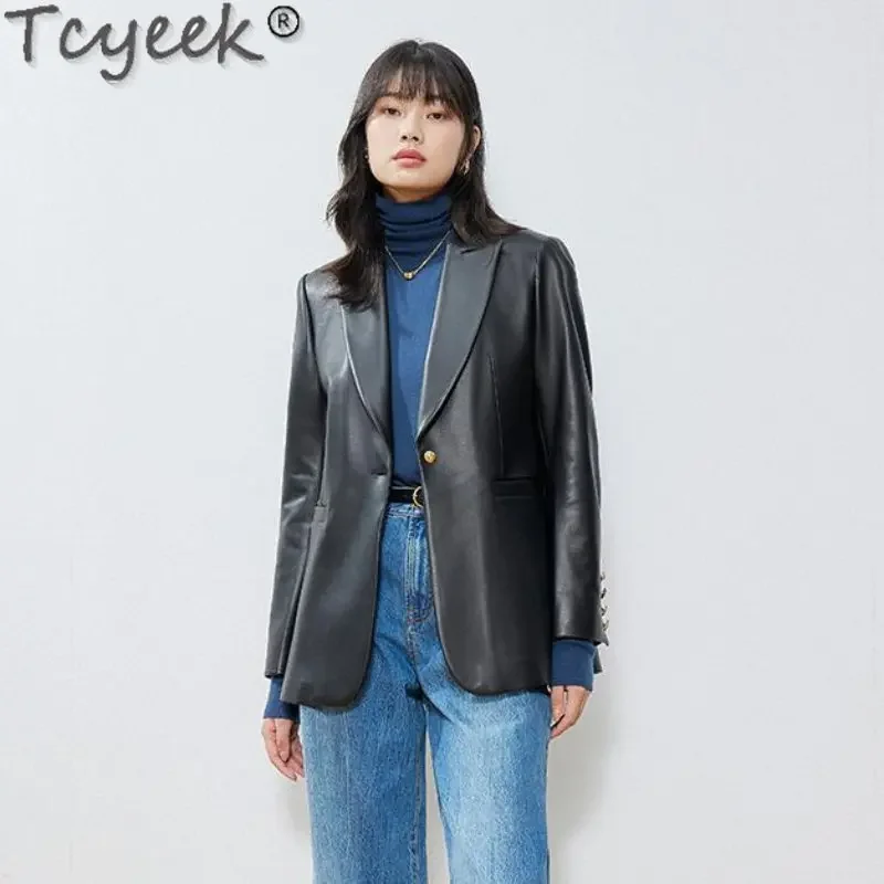 

Tcyeek 2023 Sheepskin Genuine Leather Jacket Womens Spring Autumn New Suit Jackets Women's Clothing Mid-long Leather Coat Abrigo