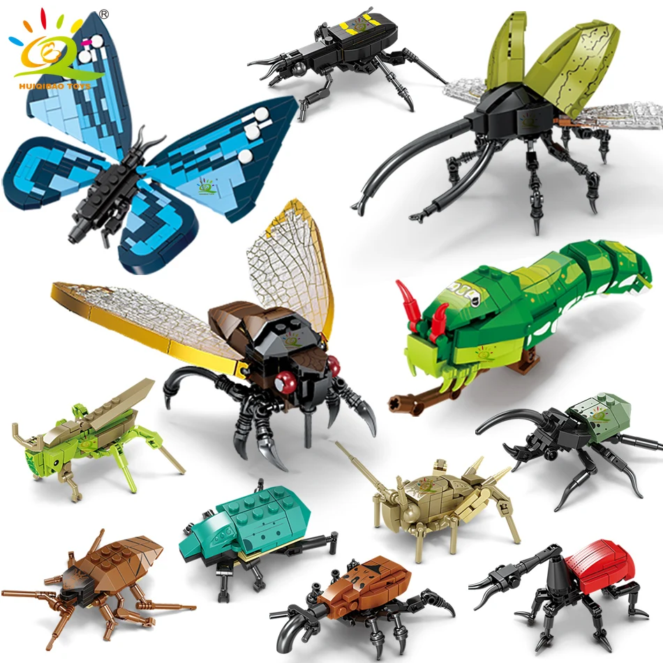 HUIQIBAO MOC Insect Animal Mini Model Building Blocks Ladybug Fly Bee Mantis City Construction Bricks Set Toys for Children Gift