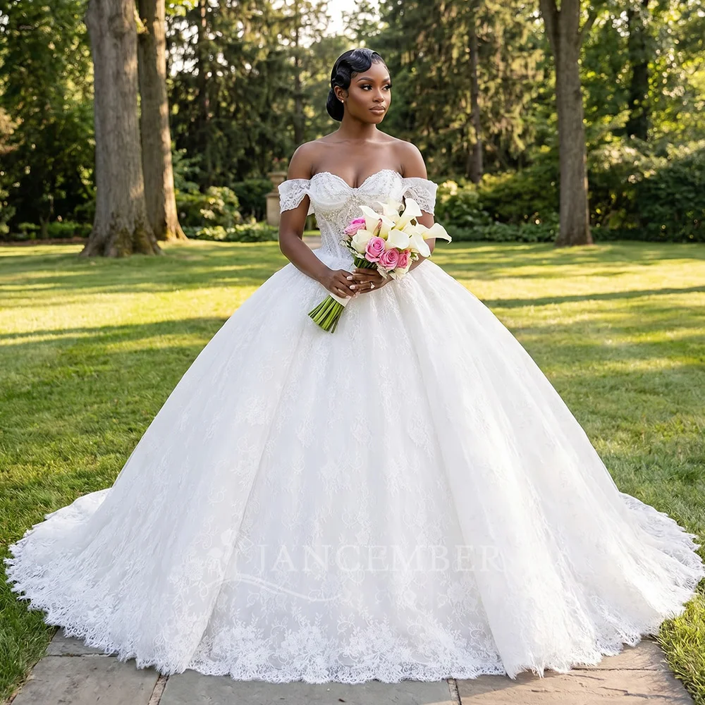 

2026 Short Sleeve Beading Wedding Dress Scoop Luxury Court Train Winter Bridal Gowns Pearl Beading Vestido De Noiva Customized