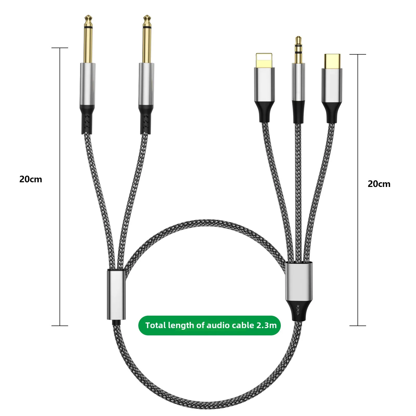 Kabel audio 6.5 mm 3-w-1 do podwójnego 6.35 mm, konwerter, wzmacniacz dźwięku, konsola miksująca do gitary, do iPhone'a, Huawei, Type-C, linia audio 3.5 mm — zdjęcie produktu 6