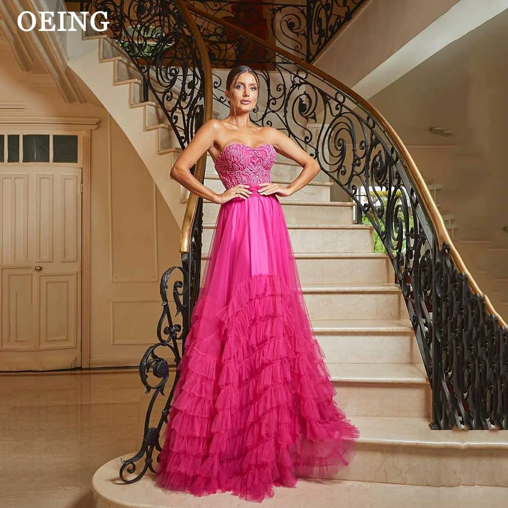 OEING Glitter Hot Pink A Line Prom Dress Elegant Sweetheart Strapless Ruffles Wedding Party Evening Dresses Vestidos De Gala