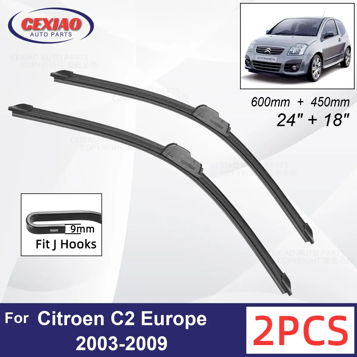 

Car Wiper For Citroen C2 Europe 2003-2009 Front Wiper Blades Soft Rubber Windscreen Wipers Auto Windshield 24" 18" 600mm 450mm