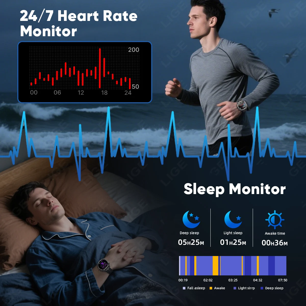 LIGE جديد 1.75 في الهواء الطلق العسكرية رجل ساعة ذكية الرجال بلوتوث دعوة Smartwatch الرجال لنظام أندرويد IOS IP67 مقاوم للماء ساعات اللياقة البدنية