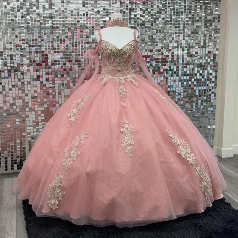 Pink V-Neck Quinceanera Dresses 2024 Princess Sweet 16 Years Girl Birthday Party Dresses Appliques Lace Beads Vestidos De 15