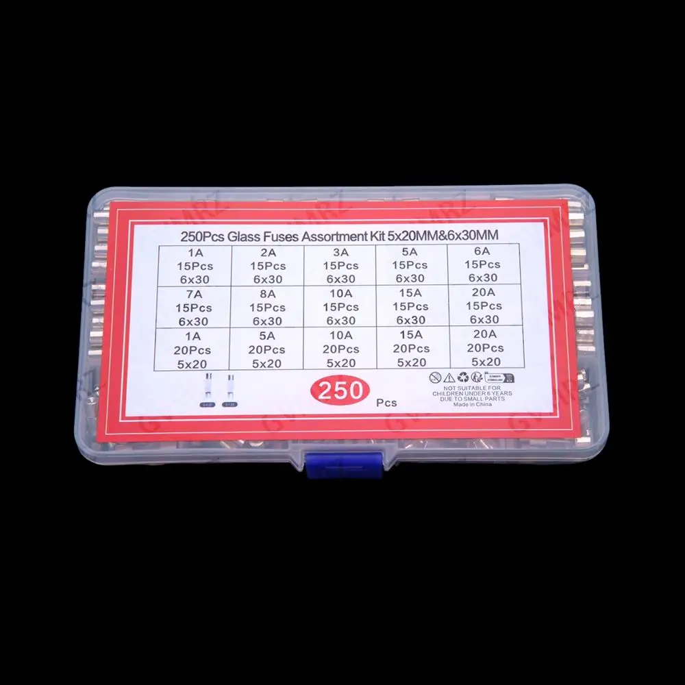 15Values 6A 8A 15A 5x20 6X30 0.5A-30A 250PCS glass fuse tubes 5*20 mixed box 6*30mm 0.5A 1A 3A  30A 250V