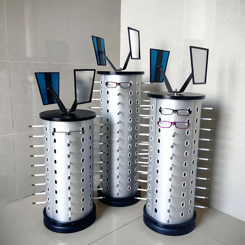 Rotating Sunglasses Display Rack Counter Top Aluminum Composite Board with Mirror Round and Square Shapes Sturdy Durable