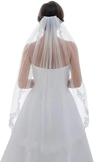

Fancy Newly Designed 1T 1 Tier Floral Pattern Lace Edge Bridal Wedding Veil Fingertip Length
