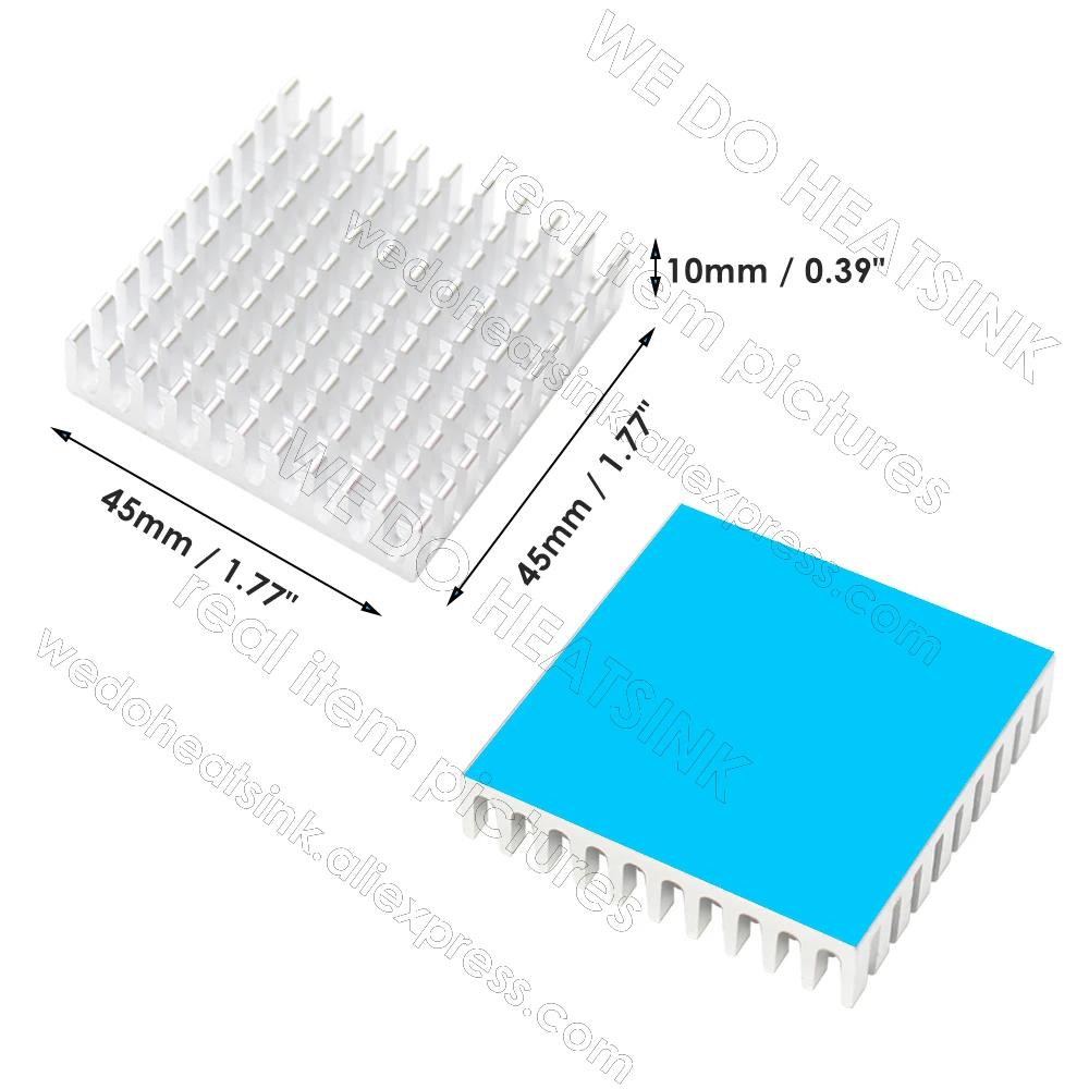 45X45X10Mm Heat Sink Aluminium Anodized Berlubang Perak 1.77X1.77X0.39 "Cooler Radiator Heatsink dengan Tape Panas Konduktif Termal