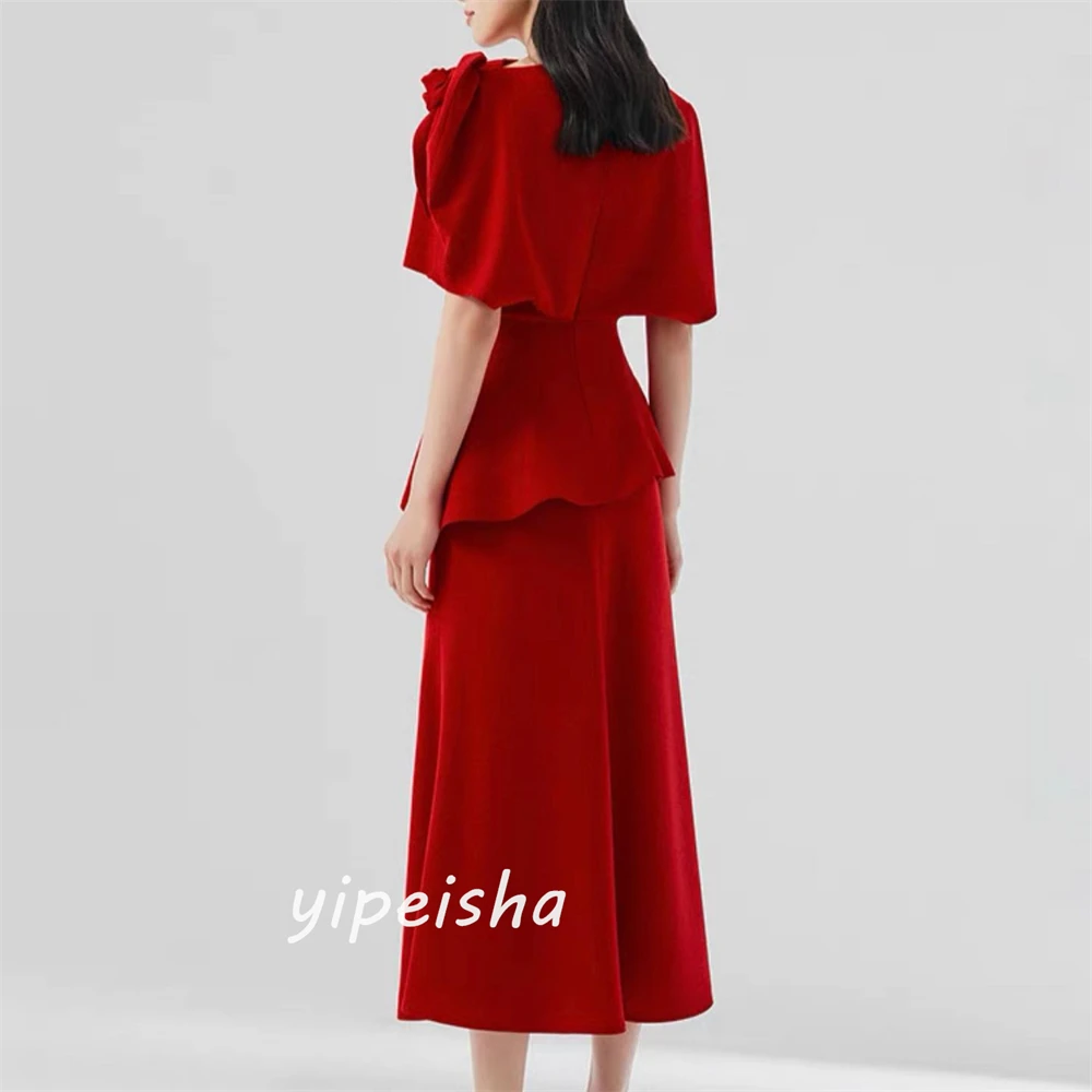 Jiayigong  Satin Flower Draped Tiered Beach A-line High Collar Bespoke Occasion Gown Long Sleeve Dresses