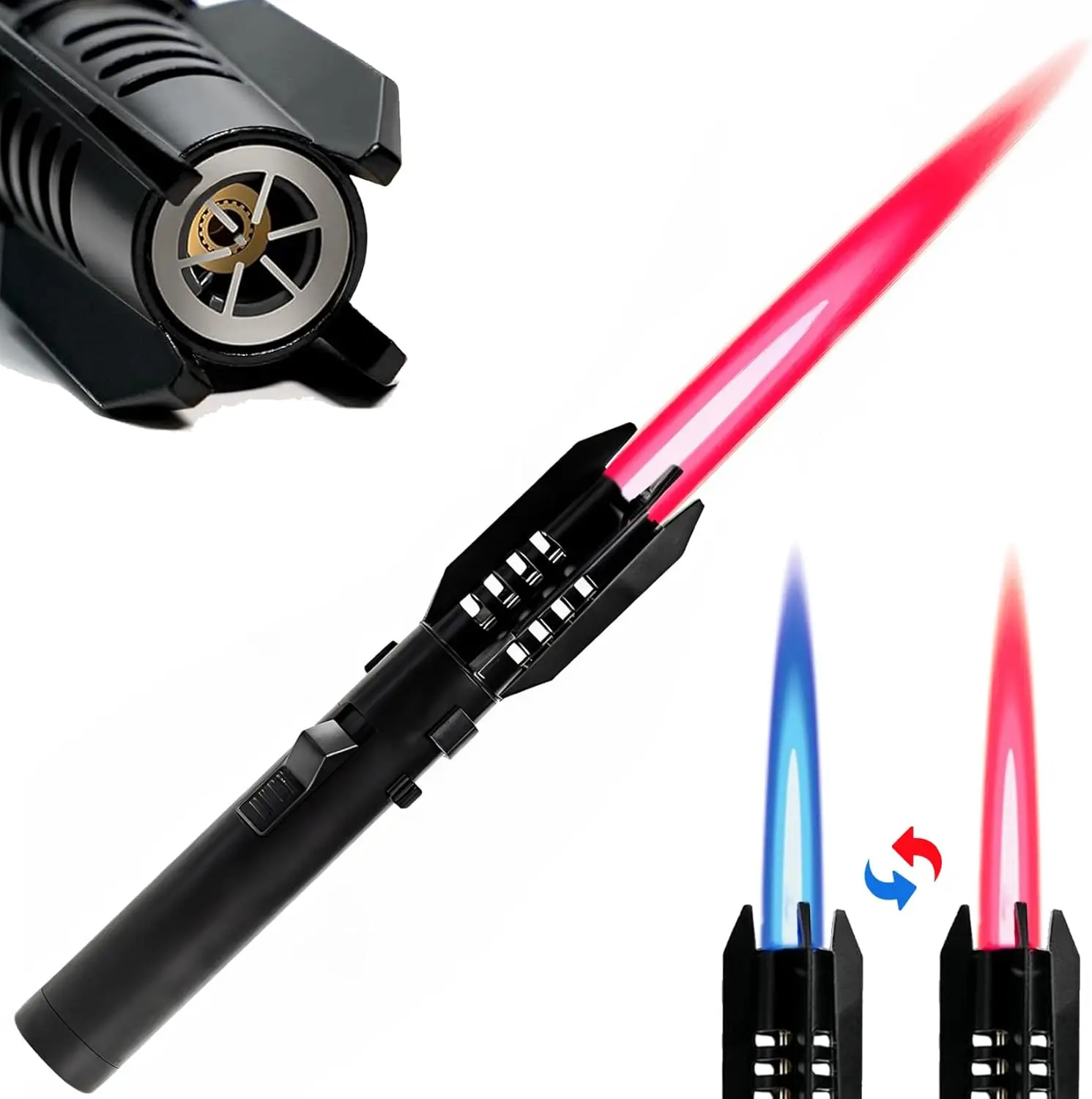 

Ветрозащитная регулируемая зажигалка с красным/синим струйным пламенем на бутане с защитным замком для кемпинга, гриля, барбекю, камина