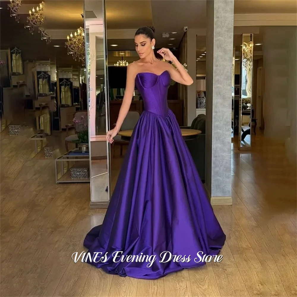 

VINES Purple Satin Formal Gown Sweetheart A Line Prom Dress with Pleated Evening Dresses Sleeveless Party Dresses Customized