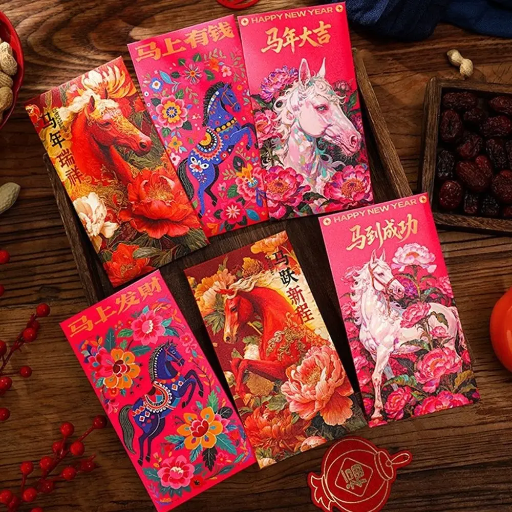 

6pcs 2026 Horse Year New Year Red Envelopes Chinese Style Traditional Lucky Money Pockets Paper Cartoon Red Pockets
