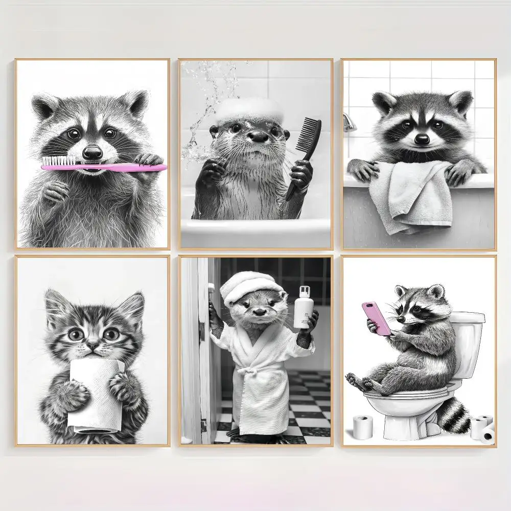 Funny Otter & Raccoon Bathroom Painting Calligraphy Canvas Wall Art Canvas Painting Oil Painting,wall Picture Home Decor Unframe