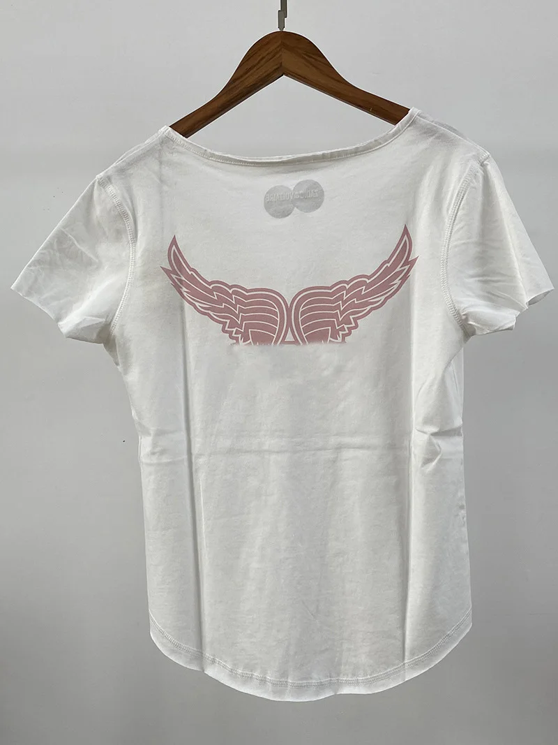 U-Neck Button Cotton T-Shirt For Women Summer Short Sleeve Back Pink Wing Fashion Casual Chic Basic Tops White Tee