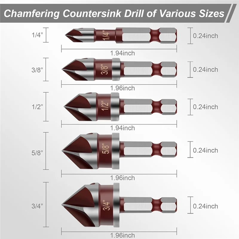 AB66-82 Degree HSS Countersink Drill Bit Set 5PCS Counter Sink Bits For Wood,Metal Plastic