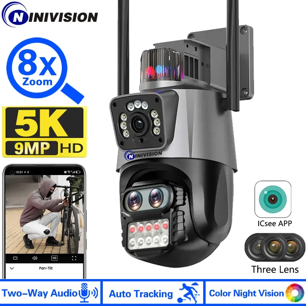 5K Wireless Outdoor Security 9MP 3 Lens 8X Hybrid Zoom Light Alarm Three Lens Video Surveillance WiFi IP PTZ CCTV Network Camera