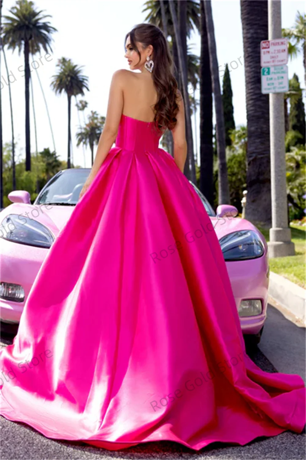 Elegant Pink Prom Dresses  Strapless A Line Beading Formal Evening Gowns Stain Sleeveless Vestidos de Fiesta Customized