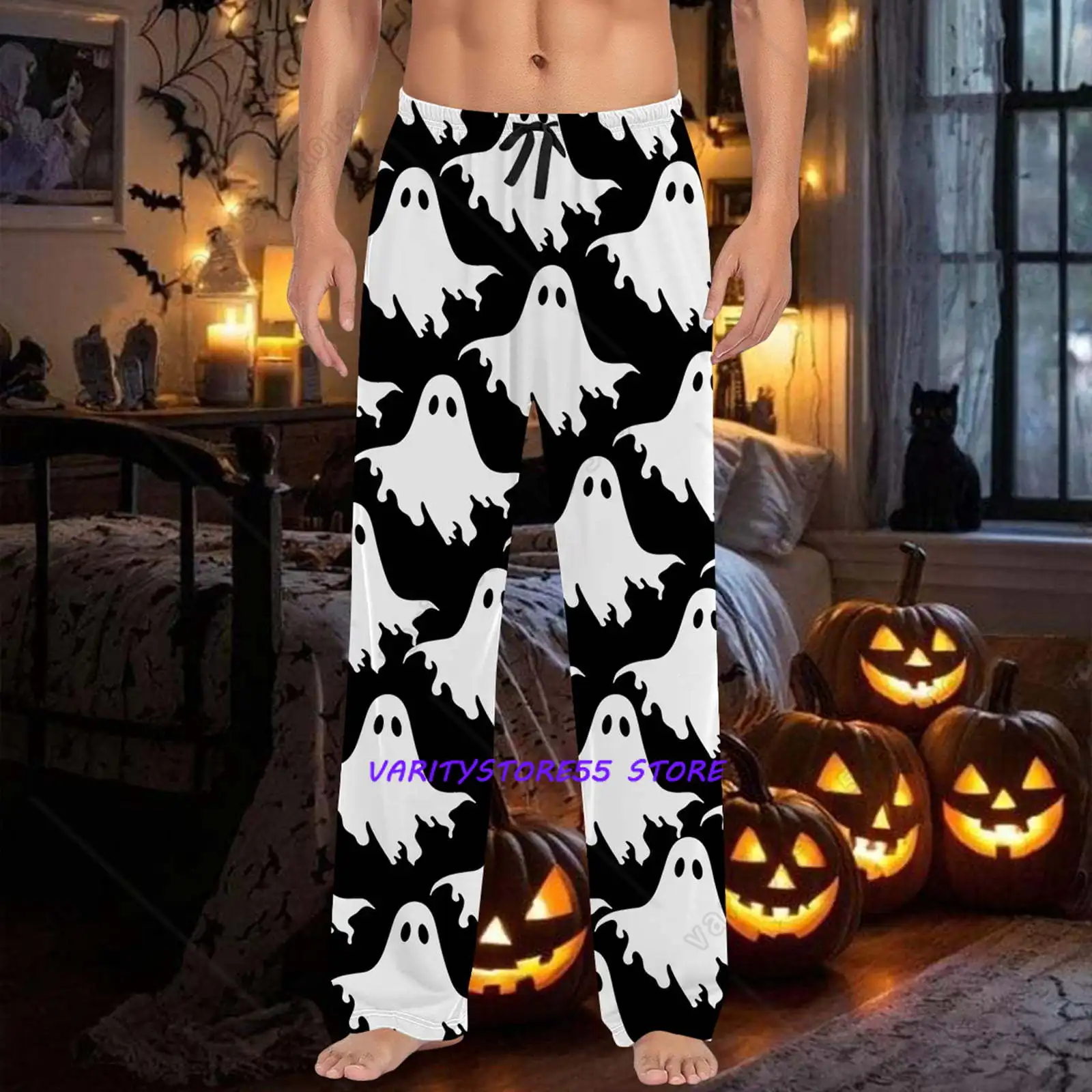 Halloween Pajama Pants for Men Hallowmas Pj Pants for Men Pumpkin Ghost Print Lounge Bottoms Elastic Waist Drawstring Sleepwear