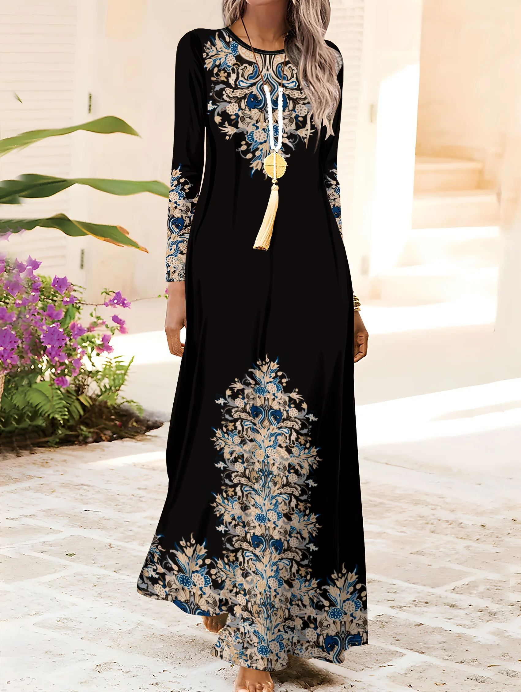 Blumenbesticktes Blau-Silbernes Muster Langarm-Midikleid für Damen Frühling Herbst Urlaub Elegantes Lässiges Rundhals-Kleid A
