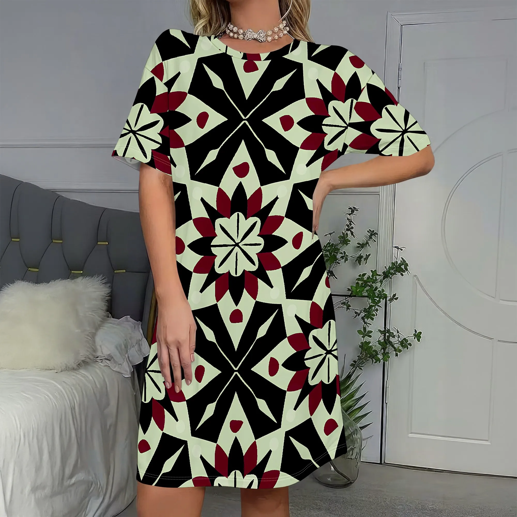 

Bold Geometric Print, Short Sleeve Dress, Abstract Floral Pattern, Black Red Cream Design, Retro Art Style, Casual Wear, S-2XL