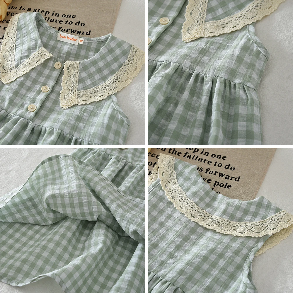 Casual Landschaft Stil Sommer Neue Spitze Revers Ärmelloses Plaid Kleid für Mädchen Süße Kleidung Koreanische Version – Detail 23