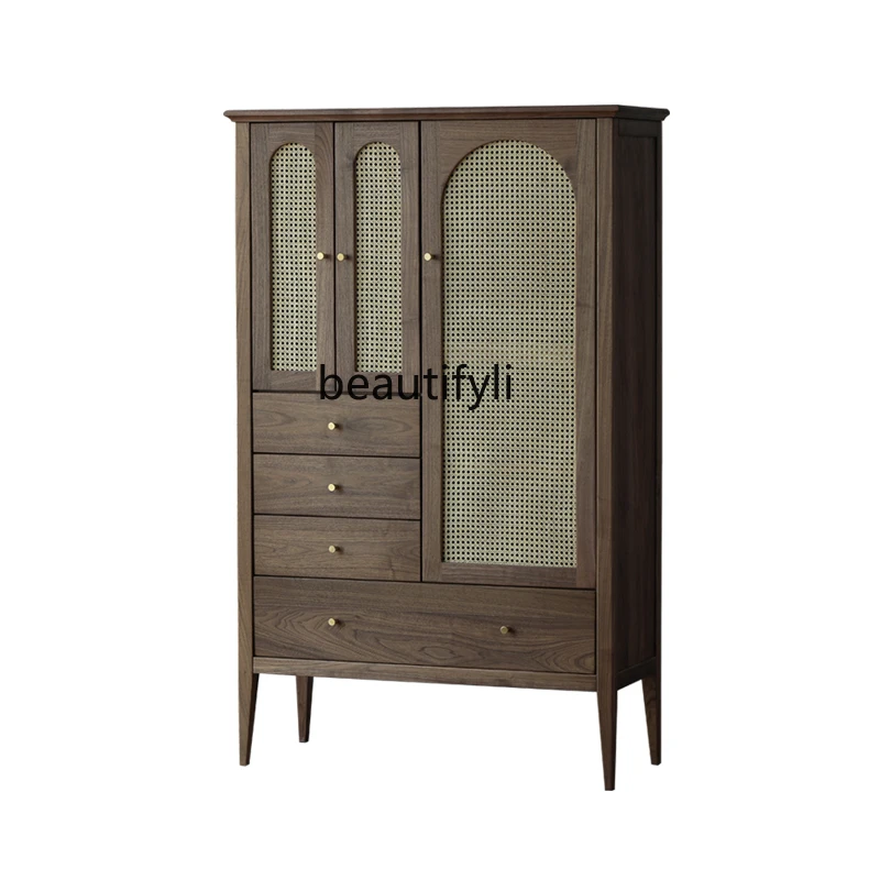 

Solid Wood Wardrobe Black Walnut Rattan Vintage Locker Log Bedroom Wardrobe Storage Cabinet